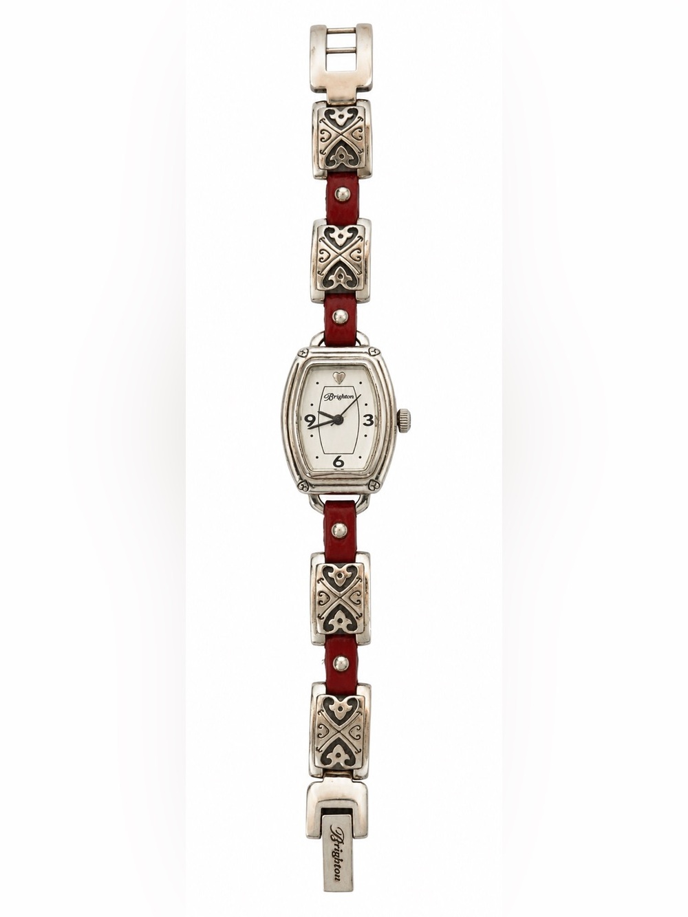 Brighton Womens Bismarck Watch Red Leather Silver Scroll Link 6.75” New Battery
